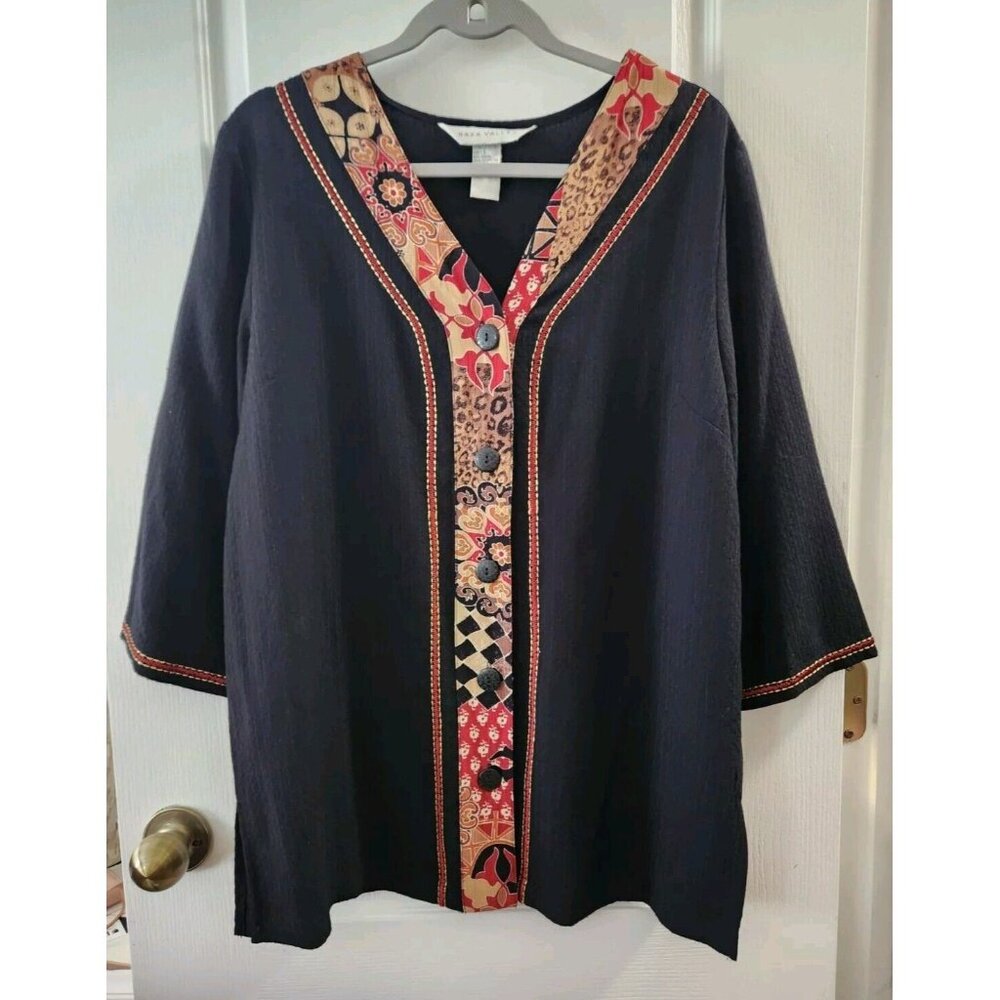 Napa Valley Womens Tunic Embroidered Blouse V-Neck 3/4 Sleeve Button‎ Up Black L